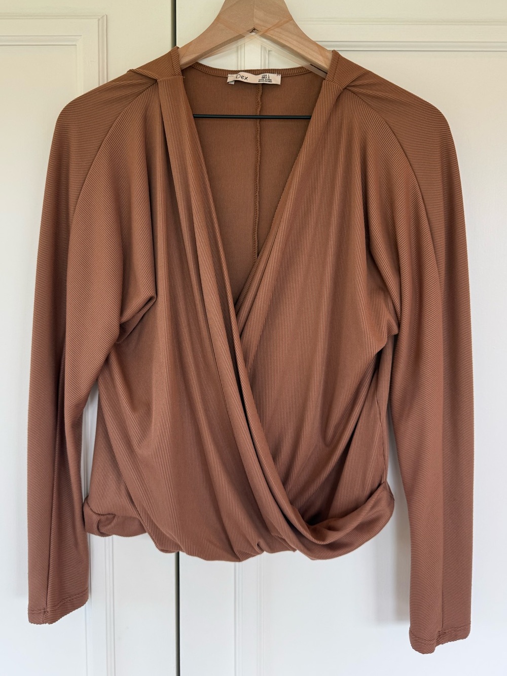 Dex faux wrap blouse in burnt orange, size L